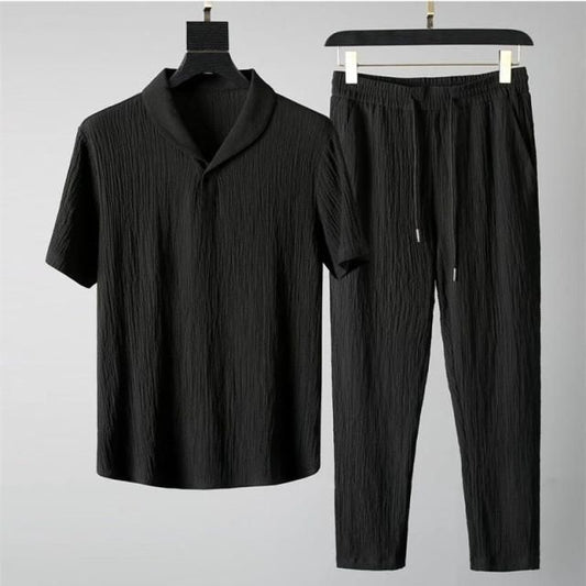 Black - Men's Crinkled Co-Ord Set